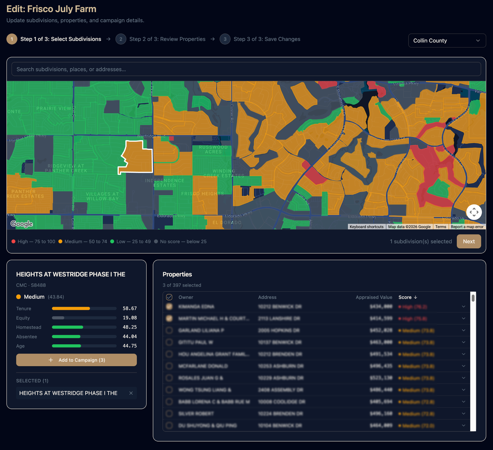 SellerInsite property scoring map across DFW subdivisions